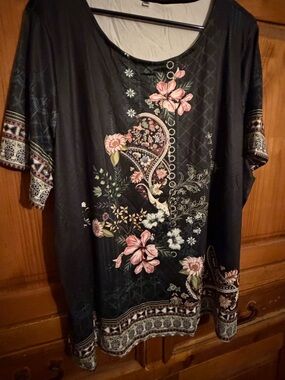 Black Floral Tunic with Pink & Green Accents